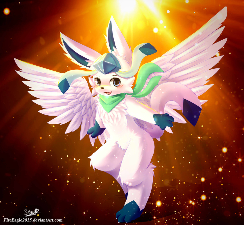 &lt;3 blush claws cute eeveelution fak&eacute;mon fan_character glaceon male neroj nintendo pok&eacute;mon pok&eacute;mon_(species) scarf senz smile standing video_games wings