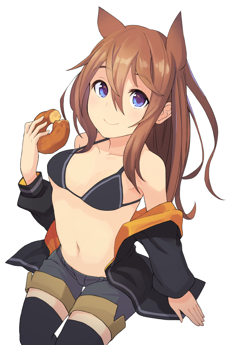 absurdres animal_ears arashishi bangs bare_shoulders bikini_top black_bikini_top black_jacket black_legwear blue_eyes blush breasts brown_hair closed_mouth commentary_request doughnut eyebrows_visible_through_hair food from_above grey_shorts hair_between_eyes highres holding holding_food horse_ears jacket long_hair long_sleeves looking_at_viewer looking_up navel off_shoulder original short_shorts shorts sitting small_breasts smile solo thighhighs transparent_background