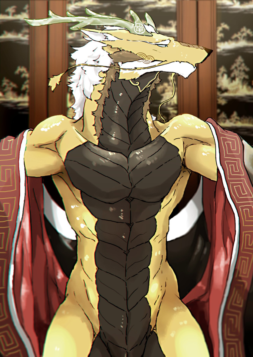 abs anthro antlers athletic beard black_scales blue_eyes clothing detailed_background dragon eastern_dragon facial_hair hair horn invalid_tag luxury_gin male nude robe scales solo spread_arms standing tan_skin undressing whiskers white_hair