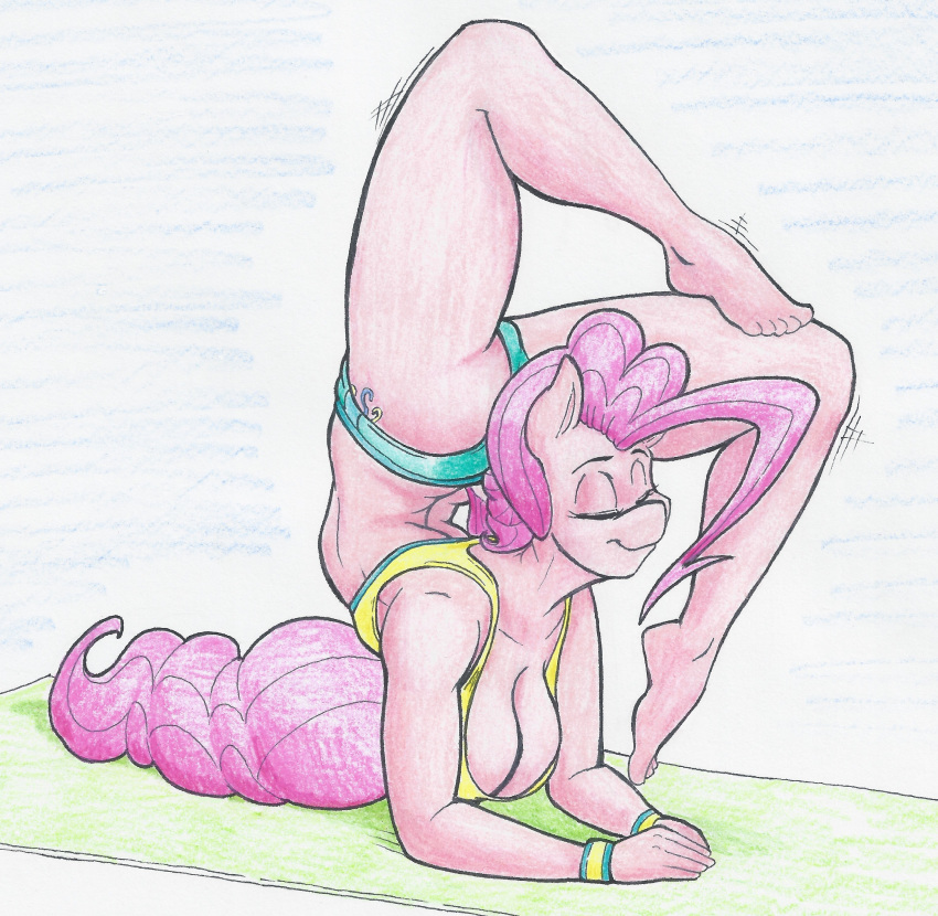 2018 anthro anthrofied breasts cleavage clothed clothing equine eyes_closed female flexible flicker-show friendship_is_magic horse mammal my_little_pony pinkie_pie_(mlp) pony shorts stretching yoga