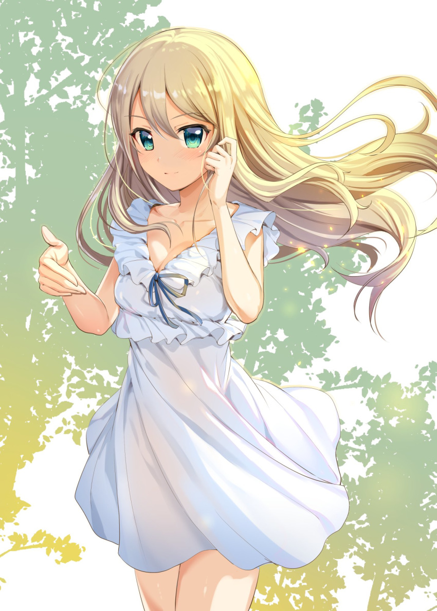 alternate_eye_color alternate_hairstyle aqua_eyes bangs blonde_hair blush breasts cleavage closed_mouth collarbone commentary_request cowboy_shot darjeeling dress eyebrows_visible_through_hair floating_hair frilled_dress frills girls_und_panzer green_eyes hair_between_eyes hair_down hand_in_hair hands_up highres ikomochi light_smile long_hair looking_at_viewer medium_breasts short_dress sleeveless sleeveless_dress smile solo thighs tsurime wavy_hair white_dress wind wind_lift