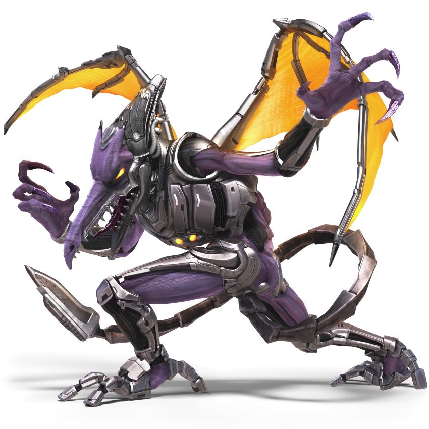3d absurdres alien armor artist_request claws cyborg dragon fighting_stance fine_fabric_emphasis full_body glowing glowing_eyes highres horns huge_filesize legs_apart male_focus metroid metroid:_samus_returns no_humans no_pupils official_art orange_eyes purple_skin ridley sharp_teeth silver_trim solo standing super_smash_bros. super_smash_bros._ultimate tail teeth tongue transparent_background wings yellow_sclera yellow_wings
