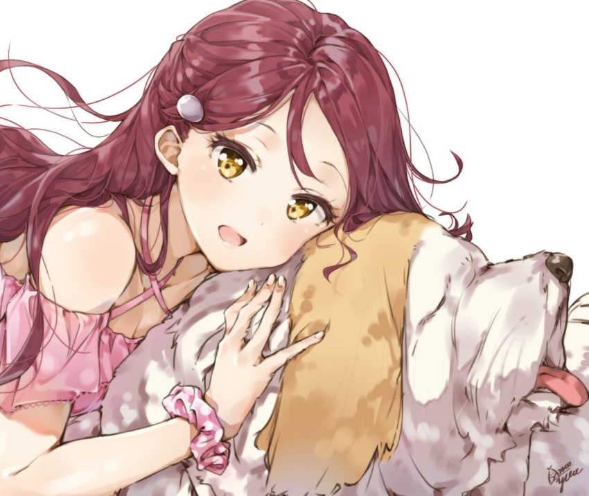 :d animal breasts cleavage collarbone commentary_request criss-cross_halter dog hair_ornament hairclip half_updo halterneck long_hair looking_at_viewer love_live! love_live!_sunshine!! open_mouth pink_scrunchie polka_dot polka_dot_scrunchie red_hair sakurauchi_riko scrunchie shiitake_(love_live!_sunshine!!) signature smile solo takenoko_no_you tongue tongue_out white_background wrist_scrunchie yellow_eyes