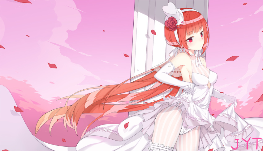 :o artist_name bangs bare_shoulders blush breasts bride cloud commentary_request dress dress_lift elbow_gloves eyebrows_visible_through_hair frills gloves halter_dress head_tilt highres jyt leg_garter leotard long_hair medium_breasts original pantyhose parted_lips petals pink_sky red_eyes red_hair signature sky solo standing striped striped_legwear vertical-striped_legwear vertical_stripes very_long_hair white_dress white_gloves white_leotard