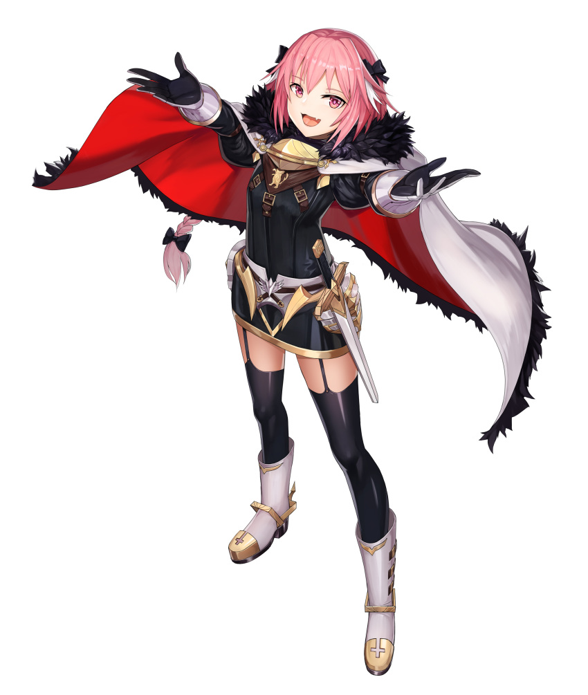 arms_up astolfo_(fate) black_bow black_dress black_legwear black_ribbon boots bow braid btraphen cape commentary dress fang fate/apocrypha fate_(series) fur-trimmed_cape fur_trim garter_straps gauntlets gloves hair_intakes hair_ribbon highres long_braid long_hair looking_at_viewer male_focus multicolored multicolored_cape multicolored_clothes multicolored_hair open_mouth otoko_no_ko outstretched_arms outstretched_hand pink_eyes pink_hair red_cape ribbon short_dress simple_background single_braid streaked_hair sword thighhighs weapon white_background white_cape white_footwear