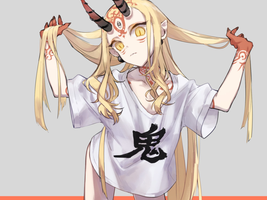 ashita_kura blonde_hair bottomless clothes_writing collarbone commentary earrings facial_mark fate/grand_order fate_(series) hair_lift highres horns ibaraki_douji_(fate/grand_order) jewelry long_hair looking_at_viewer oni oni_horns pointy_ears shirt solo symbol_commentary tattoo translated white_shirt yellow_eyes