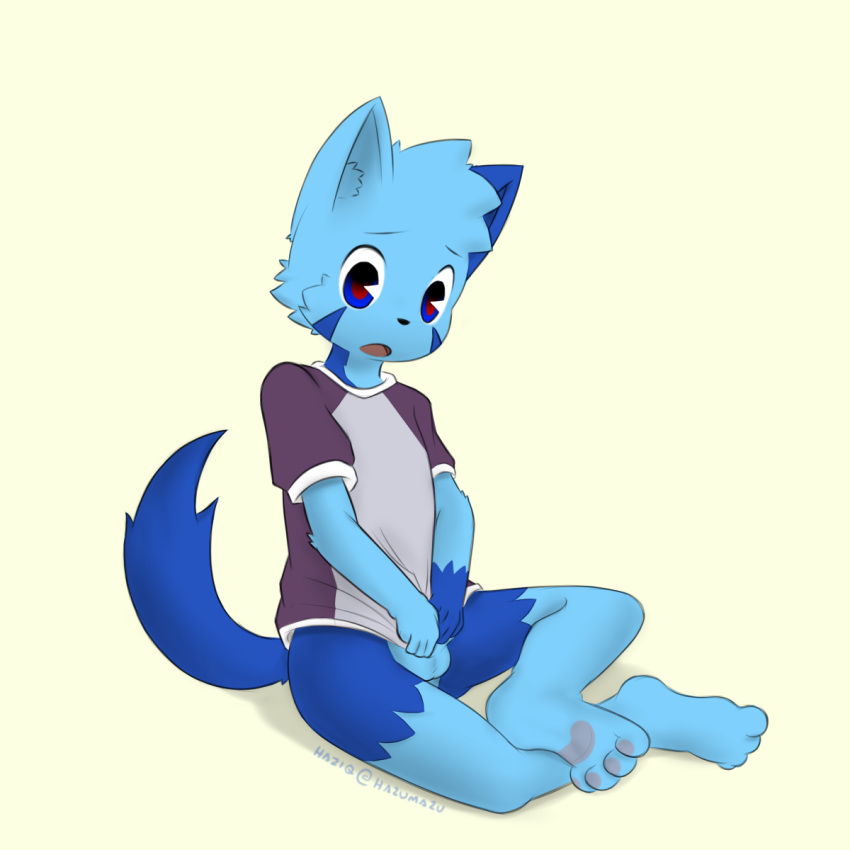 anthro balls blue_eyes blue_fur bottomless cat clothed clothing covering covering_self cub feline fur haziq(hazumazu) hazumazu male mammal open_mouth red_pupils shirt simple_background sitting solo t-shirt young