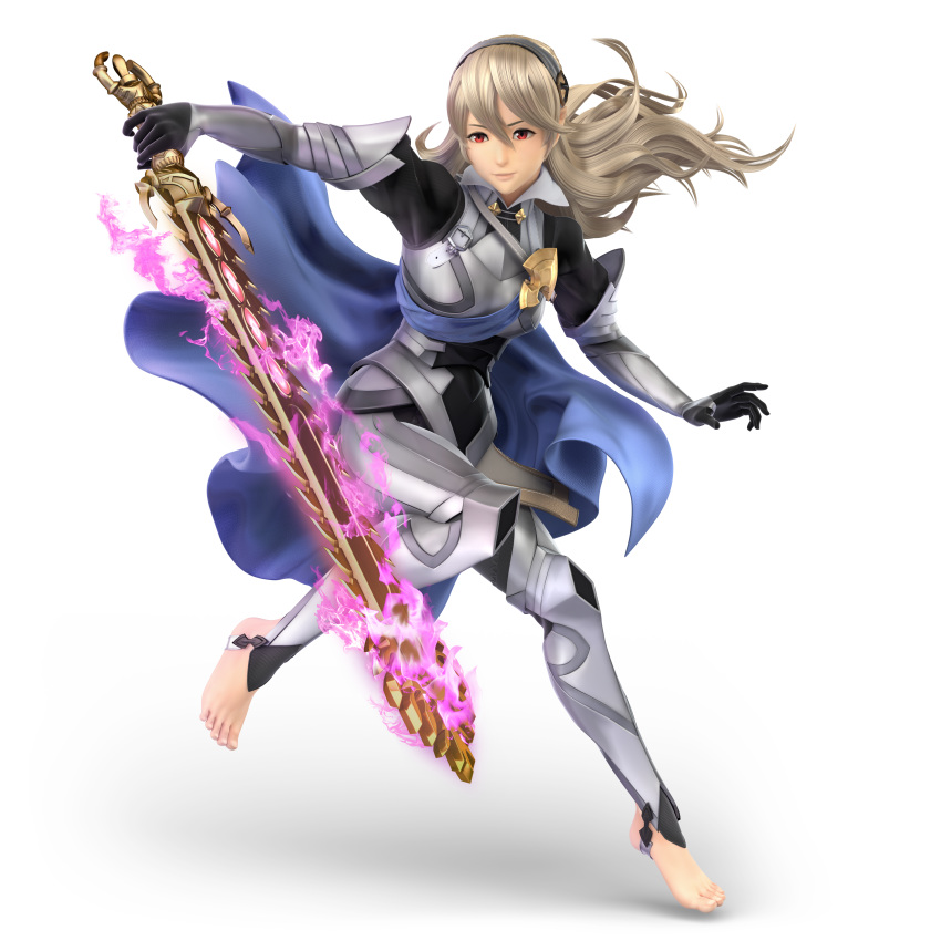 3d absurdres armor barefoot blonde_hair blue_cape cape feet female_my_unit_(fire_emblem_if) fire fire_emblem fire_emblem_if flaming_sword full_body glowing glowing_weapon hairband highres huge_filesize long_hair looking_at_viewer my_unit_(fire_emblem_if) nintendo official_art pink_fire pointy_ears pose red_eyes slit_pupils smile solo super_smash_bros. super_smash_bros._ultimate sword toeless_legwear toes transparent_background weapon