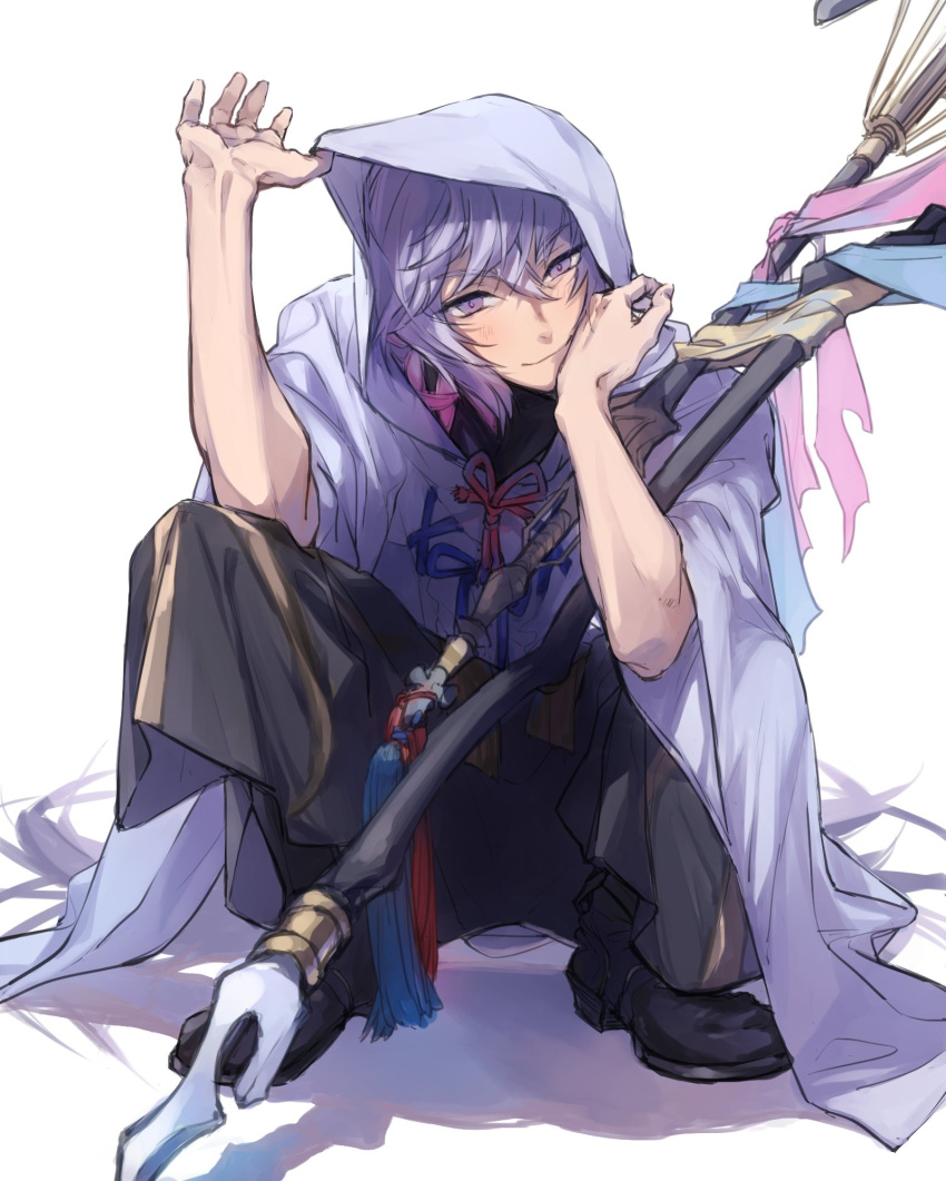 ashita_kura blush commentary_request fate/grand_order fate_(series) full_body hair_between_eyes highres holding holding_staff hood hood_up hooded_robe long_hair looking_at_viewer male_focus merlin_(fate) purple_eyes purple_hair robe shadow simple_background smile solo squatting staff very_long_hair white_background