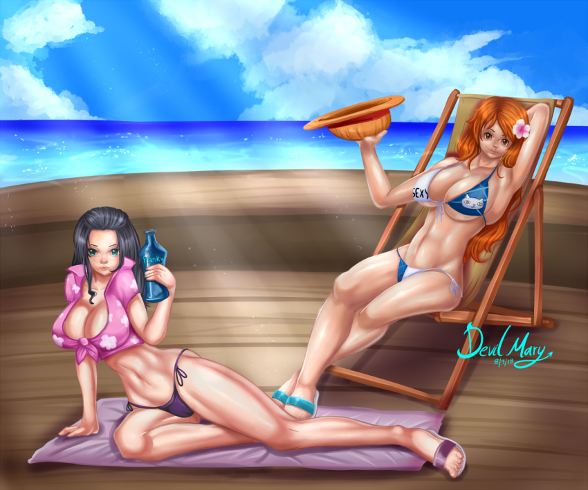 2girls beach bikini black_hair blue_eyes breasts brown_eyes cleavage dress highres huge_breasts large_breasts legs long_hair multiple_girls nami_(one_piece) navel nico_robin one_piece orange_hair sand smile sunglasses swimsuit thick_thighs thighs tongue tongue_out towel