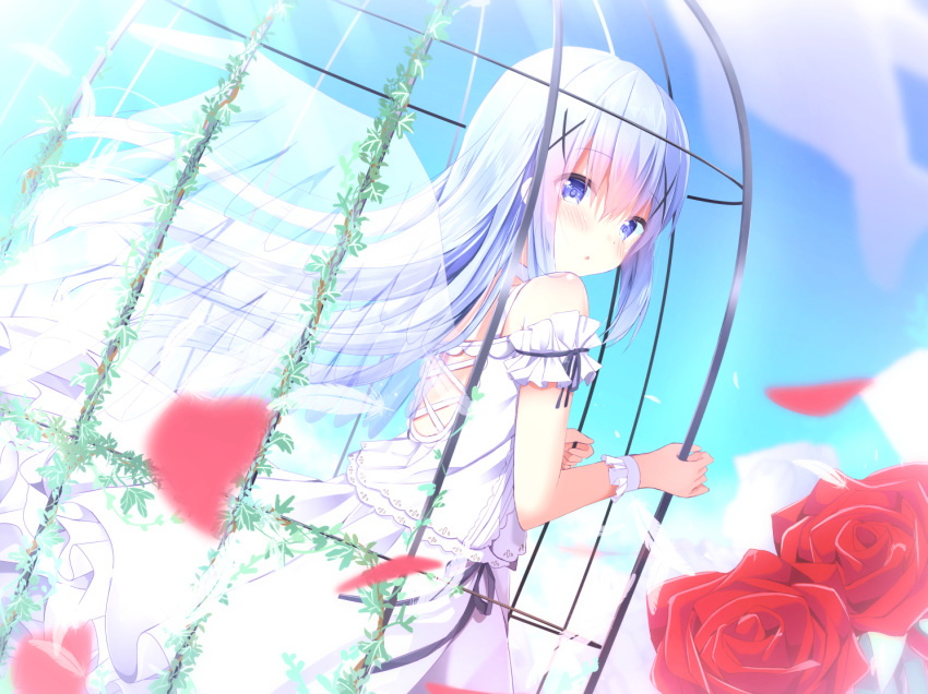 :o bangs bare_shoulders blue_eyes blue_hair blue_sky blush cage commentary_request cross-laced_clothes day dress dutch_angle eyebrows_visible_through_hair feathered_wings flower gochuumon_wa_usagi_desu_ka? hair_between_eyes hair_ornament holding in_cage kafuu_chino kouda_suzu long_hair looking_at_viewer looking_to_the_side outdoors parted_lips petals red_flower red_rose rose rose_petals sky sleeveless sleeveless_dress solo transparent_wings very_long_hair white_dress wings wrist_cuffs x_hair_ornament