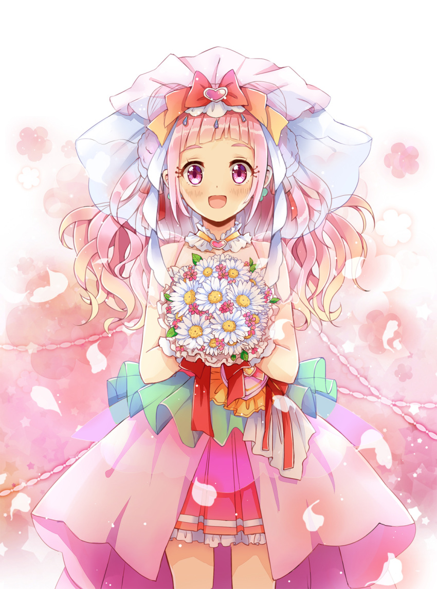 :d bouquet bow cheerful_style choker commentary cowboy_shot cure_yell daisy flower hair_bow hair_ornament heart heart_hair_ornament highres holding holding_bouquet hugtto!_precure layered_skirt lazy_orange long_hair looking_at_viewer magical_girl multicolored_bow nono_hana open_mouth petals pink_background pink_eyes pink_hair pink_skirt precure skirt smile solo standing veil wavy_hair white_background