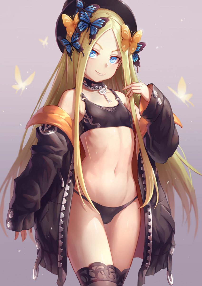abigail_williams_(fate/grand_order) bangs bare_shoulders black_bra black_hat black_jacket black_legwear black_panties blonde_hair blue_eyes blush bow bra breasts bug butterfly collar commentary_request fate/grand_order fate_(series) forehead hair_bow hat highres hips insect jacket key long_hair looking_at_viewer mool_yueguang navel off_shoulder open_clothes open_jacket panties parted_bangs small_breasts solo sports_bra thighhighs thighs underwear zipper