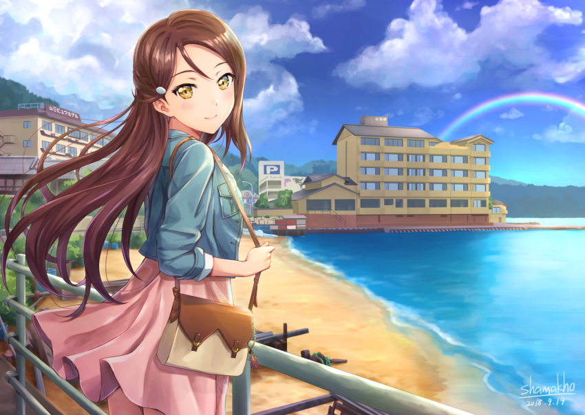 artist_name bag beach blue_jacket breast_pocket building cloud commentary_request dated day hair_ornament hairclip half_updo holding_strap jacket long_hair long_sleeves looking_at_viewer looking_back love_live! love_live!_sunshine!! medium_skirt outdoors pink_skirt pocket railing rainbow red_hair sakurauchi_riko shamakho shoulder_bag skirt sleeves_folded_up smile solo yellow_eyes