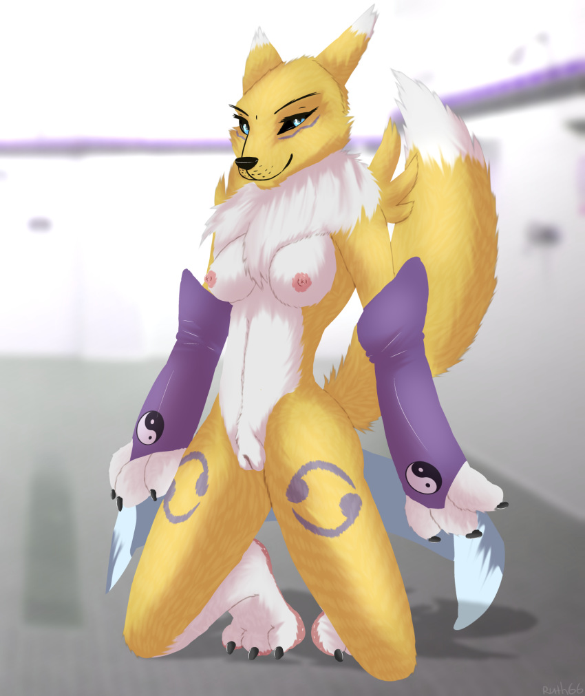 2018 3_toes anthro armwear blue_eyes breasts chest_tuft clothing digimon female fur hi_res looking_at_viewer nipples pussy renamon ruth66 smile solo toes tuft white_fur yellow_fur
