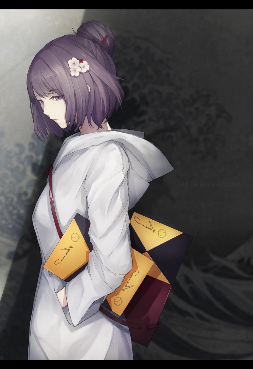 absurdres bag bangs breasts character_name closed_mouth commentary_request eyebrows_visible_through_hair fate/grand_order fate_(series) flower from_side hair_bun hair_flower hair_ornament hairclip hand_in_pocket highres hood hood_down hoodie katsushika_hokusai_(fate/grand_order) letterboxed looking_away marumoru purple_eyes purple_hair short_hair shoulder_bag small_breasts solo white_flower white_hoodie
