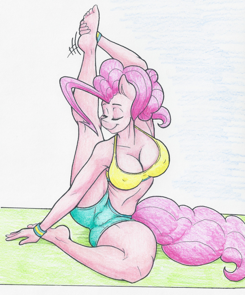 2018 anthro anthrofied bent_over breasts cleavage clothed clothing equine eyes_closed female flexible flicker-show friendship_is_magic horse mammal my_little_pony nipple_bulge pinkie_pie_(mlp) pony pussy_bulge shorts stretching yoga