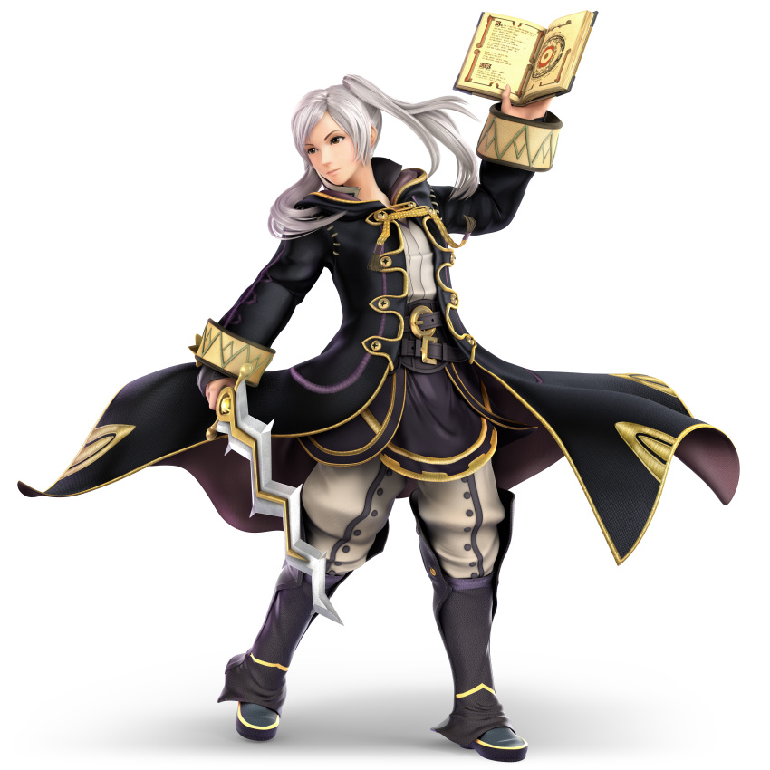 3d absurdres arm_up book boots buttons coat female_my_unit_(fire_emblem:_kakusei) fire_emblem fire_emblem:_kakusei full_body highres holding holding_weapon huge_filesize long_sleeves looking_to_the_side my_unit_(fire_emblem:_kakusei) nintendo official_art open_book pose robe serious silver_hair solo standing super_smash_bros. super_smash_bros._ultimate sword transparent_background twintails weapon white_hair