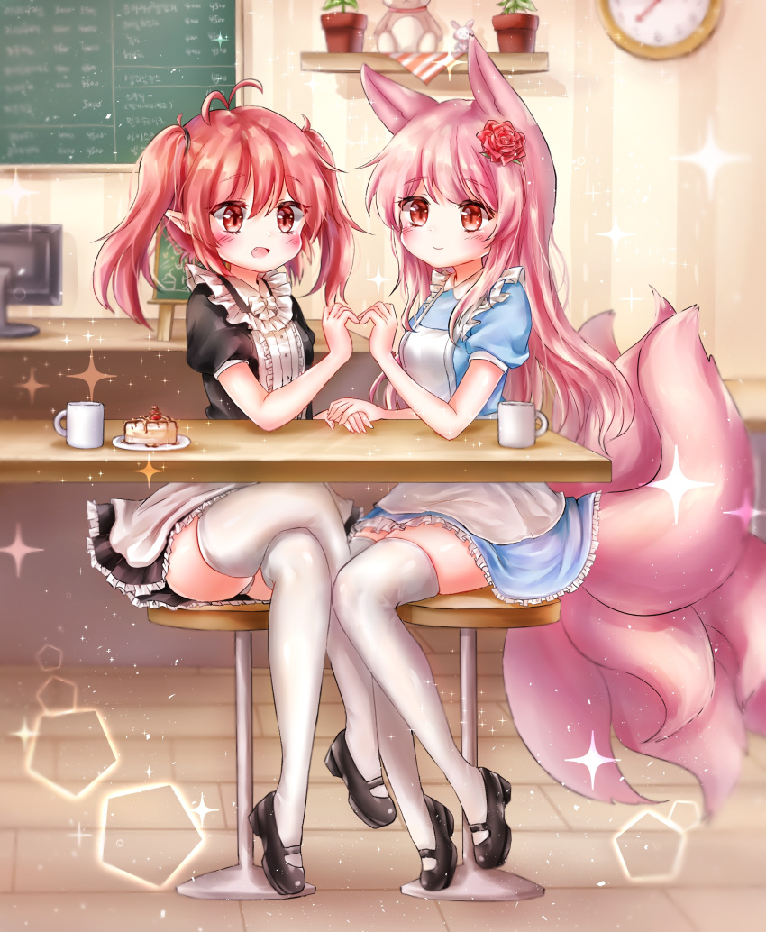 :d absurdres animal_ears apron bad_id bad_pixiv_id cake chalkboard clock commentary_request commission crossed_legs cup dress fang flower food fox_ears fox_tail frilled_dress frills full_body hair_flower hair_ornament highres holding_hands honyang indoors long_hair menu_board monitor mug multiple_girls multiple_tails open_mouth original pink_hair plant plate pointy_ears potted_plant puffy_short_sleeves puffy_sleeves red_eyes red_hair restaurant shelf short_hair short_sleeves short_twintails sitting slice_of_cake smile sparkle stool table tail thighhighs twintails white_legwear zettai_ryouiki