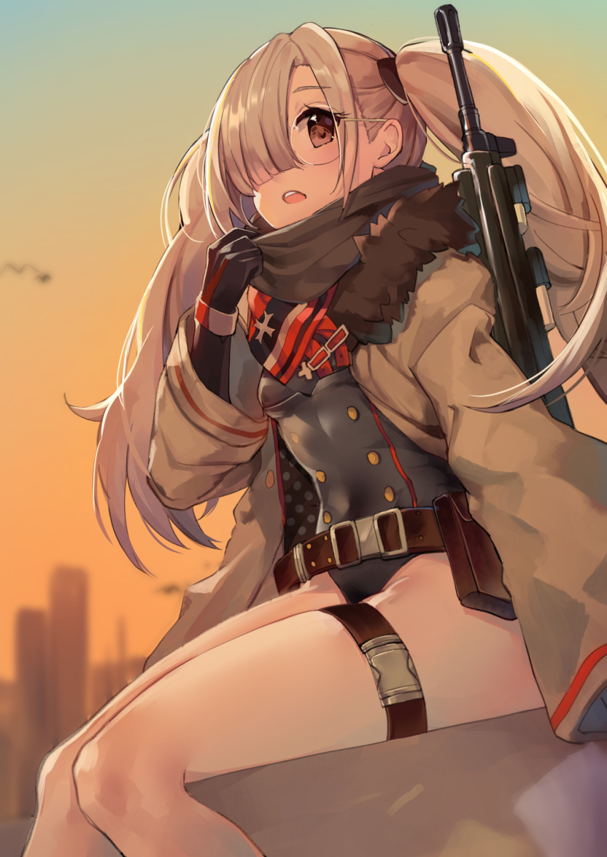 bada_(jksh5056) bangs belt black_gloves black_leotard blurry blurry_background breasts brown_belt brown_eyes building commentary_request depth_of_field elbow_gloves eyebrows_visible_through_hair fur-trimmed_jacket fur_trim girls_frontline gloves gun hair_over_one_eye highres hk21 hk21_(girls_frontline) iron_cross jacket leotard light_brown_hair long_hair long_sleeves object_namesake open_clothes open_jacket open_mouth sitting sky skyscraper small_breasts solo twintails upper_teeth very_long_hair weapon weapon_on_back white_jacket wide_sleeves