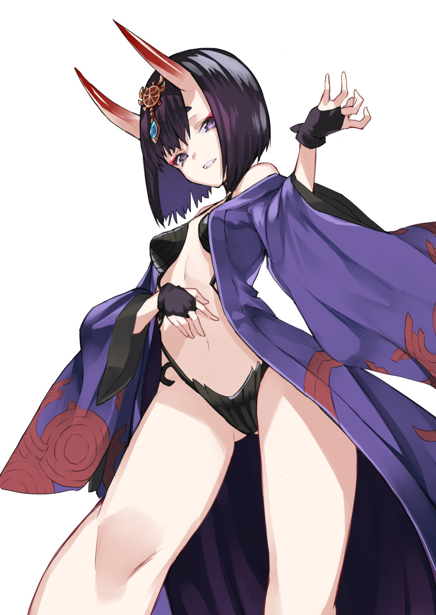 ass_visible_through_thighs bangs breasts bridal_gauntlets commentary_request fate/grand_order fate_(series) grin headpiece highres horns japanese_clothes kimono long_sleeves looking_at_viewer navel nuqura off_shoulder oni oni_horns open_clothes open_kimono purple_eyes purple_hair purple_kimono revealing_clothes short_hair shuten_douji_(fate/grand_order) simple_background small_breasts smile solo standing thick_eyebrows white_background wide_sleeves