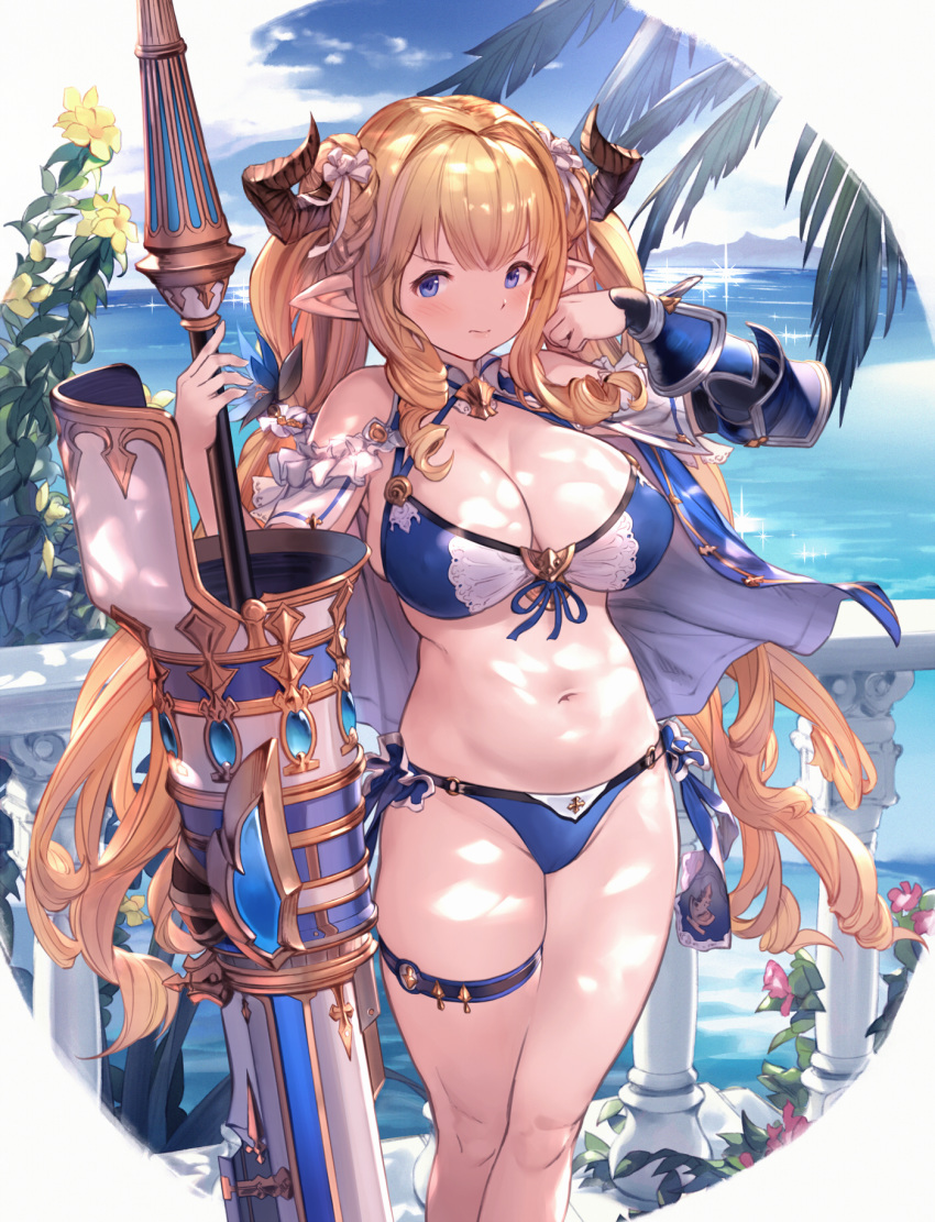 3: alternate_costume alternate_hairstyle armor bangs belly bikini blonde_hair blue_bikini blue_eyes blue_sky blush braid breasts cleavage closed_mouth cloud day draph drill_hair eyebrows_visible_through_hair flower frills front-tie_bikini front-tie_top granblue_fantasy gunlance hairband highres holding holding_weapon horns lance large_breasts lips long_hair looking_at_viewer navel ocean outdoors palm_tree pointy_ears polearm rastina ribbon side-tie_bikini skindentation sky solo standing supertie swimsuit thigh_strap tree twin_braids twintails v-shaped_eyebrows very_long_hair water weapon white_ribbon