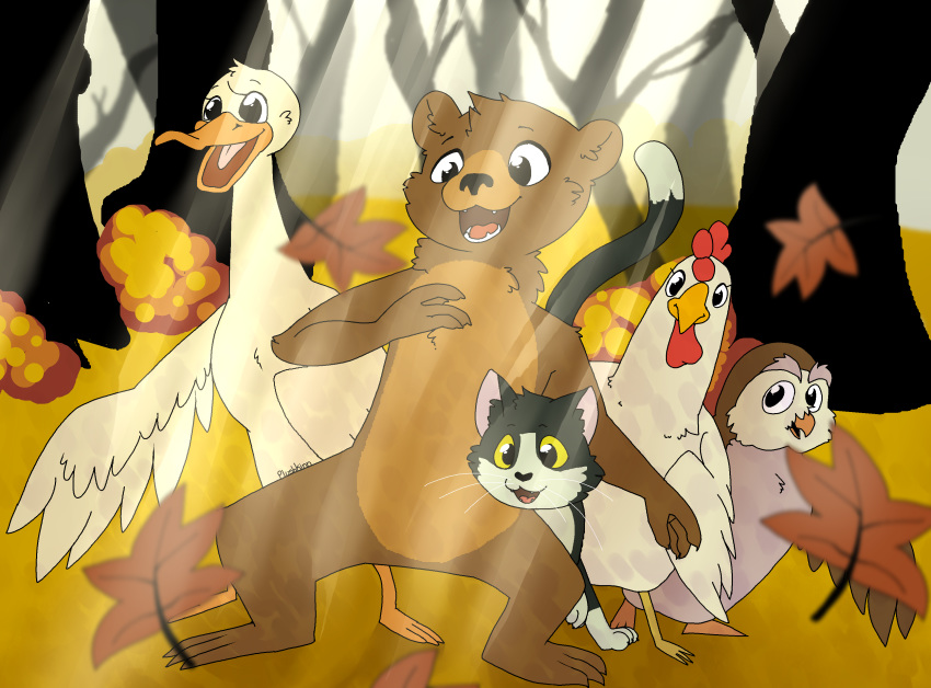 2018 3_toes absurd_res ambiguous_gender anthro autumn avian beak bear biped bird brown_fur cat cheek_tuft chest_tuft chicken child claws cub cute detailed_background digital_drawing_(artwork) digital_media_(artwork) duck eyelashes feathered_wings feathers featureless_crotch feline female feral forest fur group hi_res leaves little_bear little_bear_(character) mammal multicolored_fur open_mouth outside owl plushkinn semi-anthro smile snout standing sunbeam teeth toes tongue tree tuft white_feathers white_fur wings young