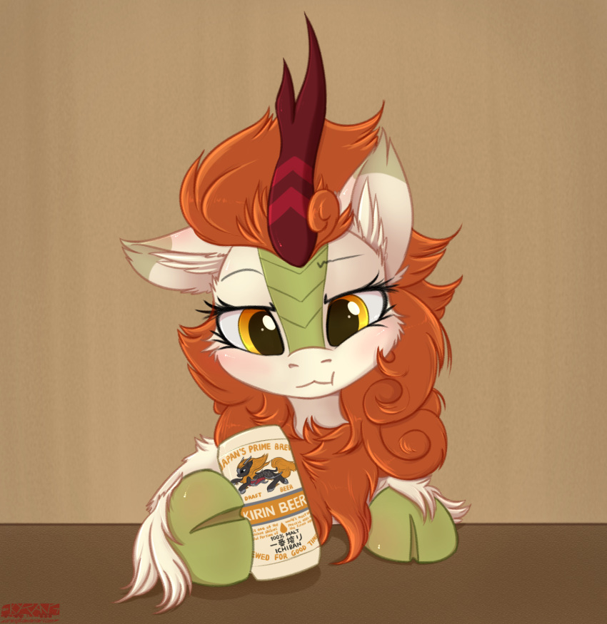 2018 alcohol autumn_blaze_(mlp) beer beverage blush can english_text female friendship_is_magic fur hi_res kirin looking_at_viewer my_little_pony orang111 solo text