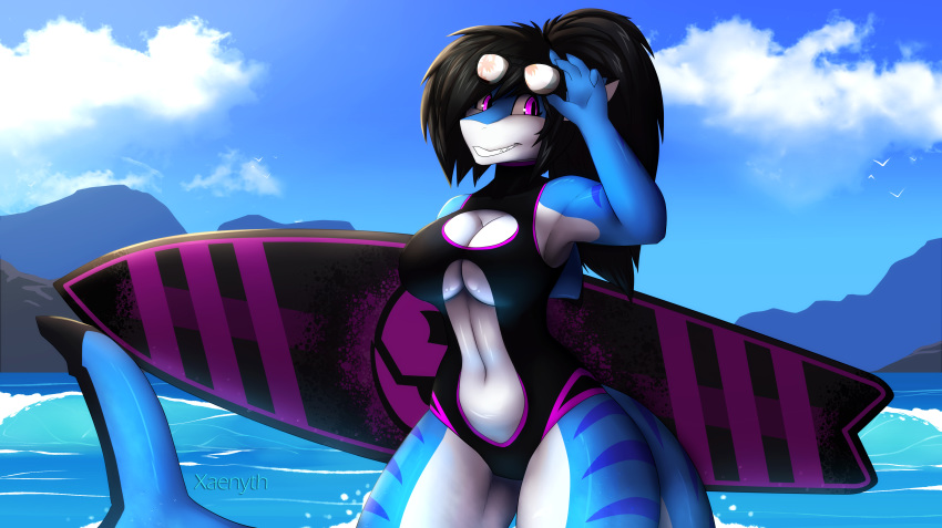 anthro breasts clothing eyewear female fish goggles marine outside shark solo standing swimsuit thick_thighs wide_hips xaenyth