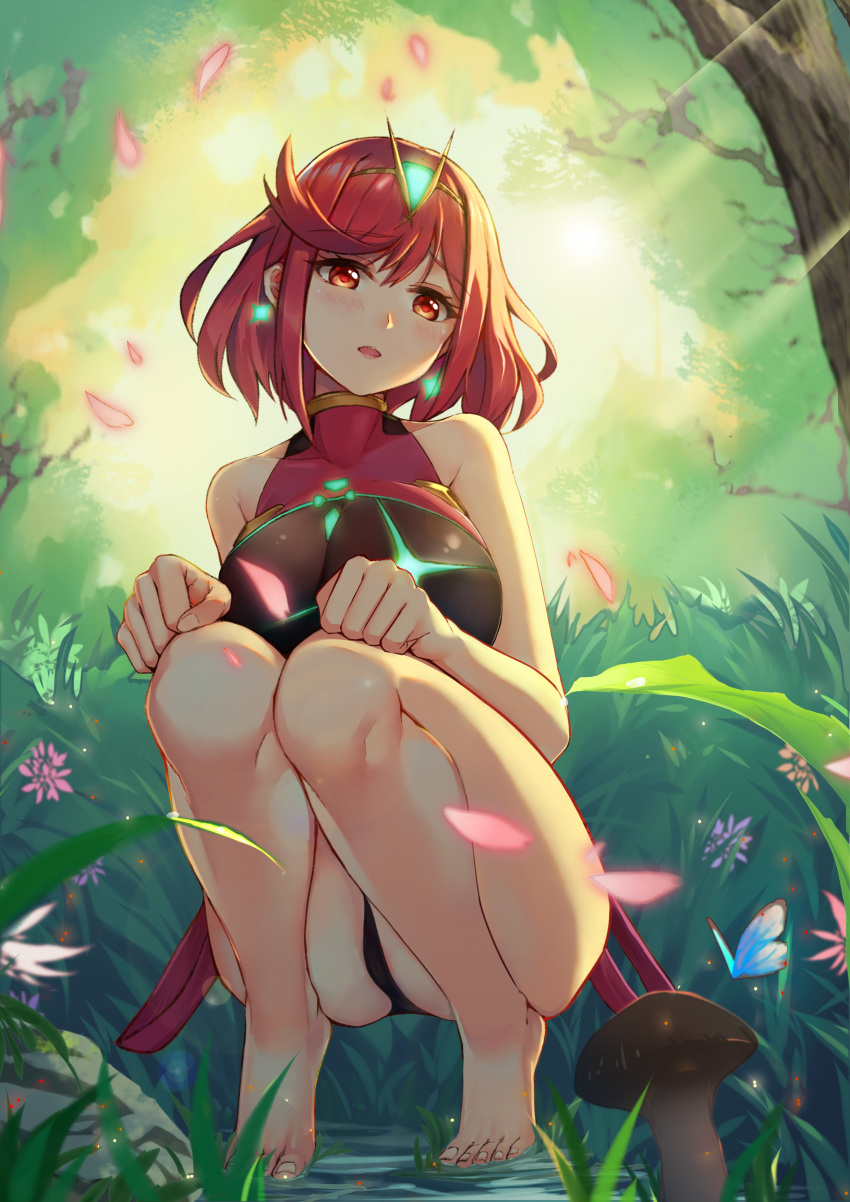 absurdres ass bangs blush breasts bug butterfly cleavage competition_swimsuit forest full_body grass hentai_kuwa highres homura_(xenoblade_2) insect large_breasts mushroom nature one-piece_swimsuit open_mouth outdoors red_eyes red_hair short_hair solo squatting swept_bangs swimsuit thighs xenoblade_(series) xenoblade_2