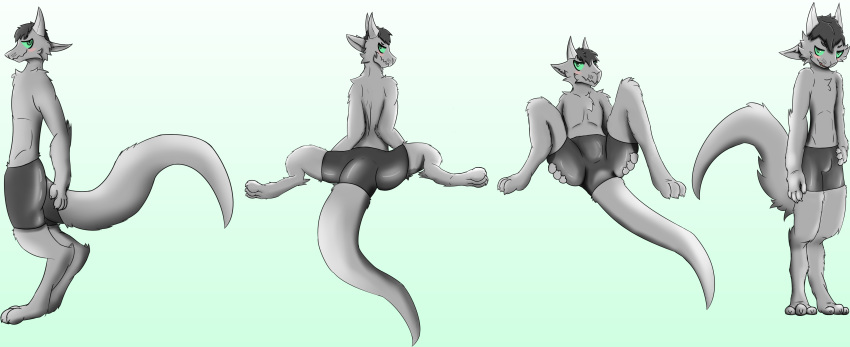 2018 3_toes 4_fingers absurd_res anthro bedethingy black_hair blush bulge clothing digital_media_(artwork) digitigrade fur green_eyes grey_fur hair hand_on_hip hi_res horn long_tail looking_at_viewer looking_back male mammal pants presenting_crotch short_hair sitting solo spread_legs spreading standing toes unknown_species