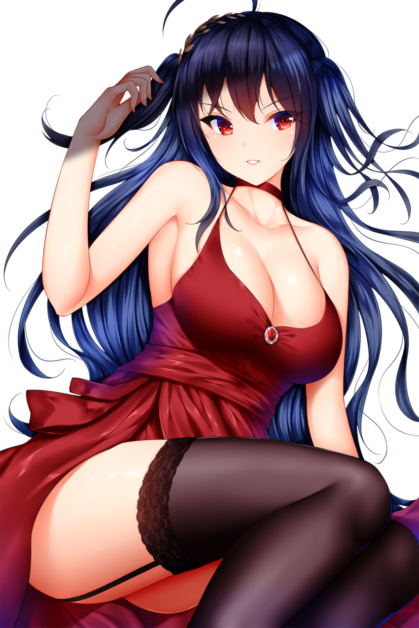 ahoge alternate_costume arm_support armpits ass azur_lane bangs bare_shoulders black_hair black_legwear blush breasts brooch choker cleavage cocktail_dress collarbone commentary_request dress eyebrows_visible_through_hair feet_out_of_frame floating_hair garter_straps hair_between_eyes hair_ornament hand_up highres hips jewelry lace lace-trimmed_legwear lace-trimmed_thighhighs large_breasts legs_together long_hair looking_to_the_side parted_lips red_choker red_dress red_eyes ruby_(stone) sidelocks simple_background sitting smile solo taihou_(azur_lane) thighhighs thighs two_side_up very_long_hair white_background wsman