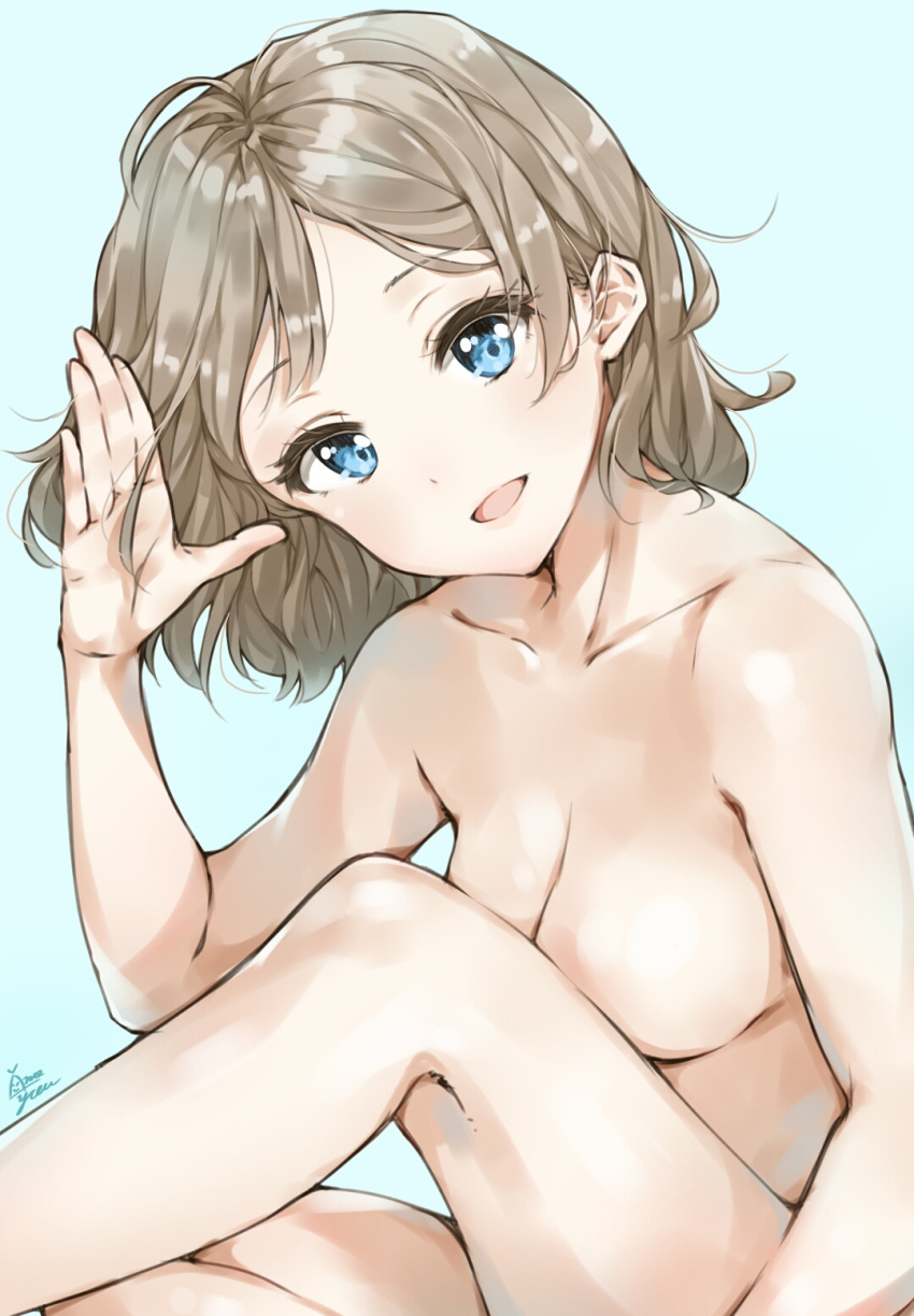 :d ahoge aqua_background blue_eyes blush breasts collarbone commentary_request convenient_leg from_side grey_hair hand_up highres knee_up kneepits looking_at_viewer looking_to_the_side love_live! love_live!_sunshine!! medium_breasts medium_hair nude open_mouth salute shiny shiny_hair signature simple_background sitting smile solo takenoko_no_you watanabe_you