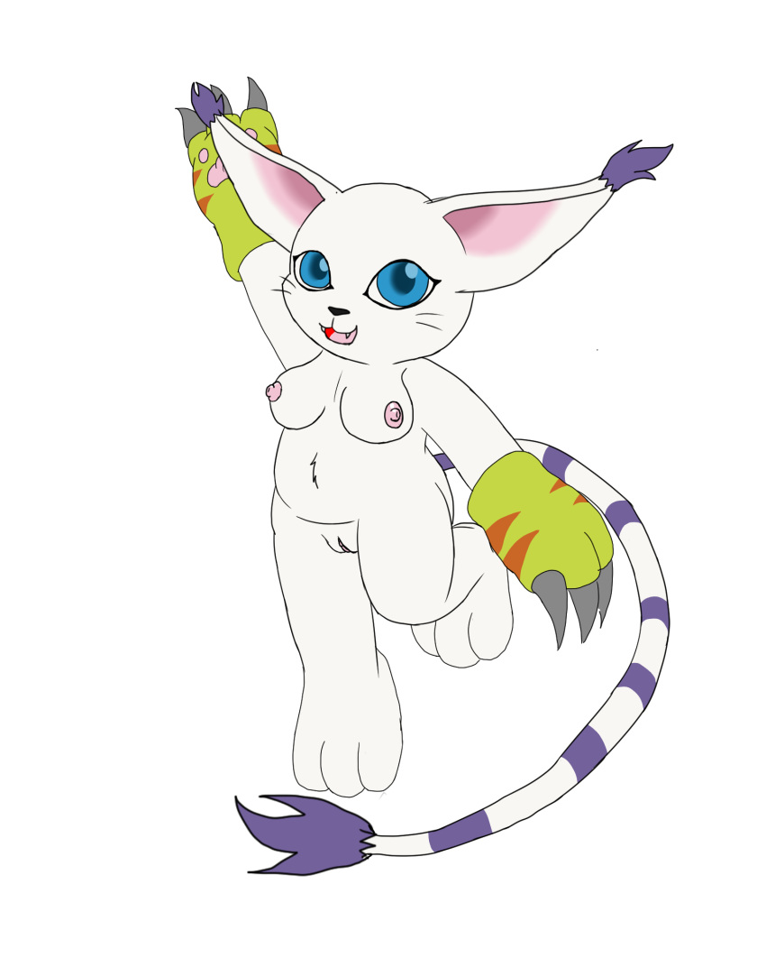alpha_channel belly blue_eyes breasts claws clothing digimon erect_nipples fangs feline female foxboy591 fur gatomon gloves long_tail looking_at_viewer mammal navel nipples one_hand_raised open_mouth pussy short_stack simple_background small_breasts solo transparent_background whiskers white_fur