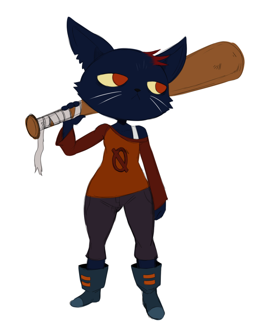 anthro baseball_bat blue_fur cat clothing feline female footwear frown fur hair hi_res mae_(nitw) mammal night_in_the_woods off_shoulder orange_eyes red_hair shoes simple_background solo sssonic2 white_background yellow_sclera