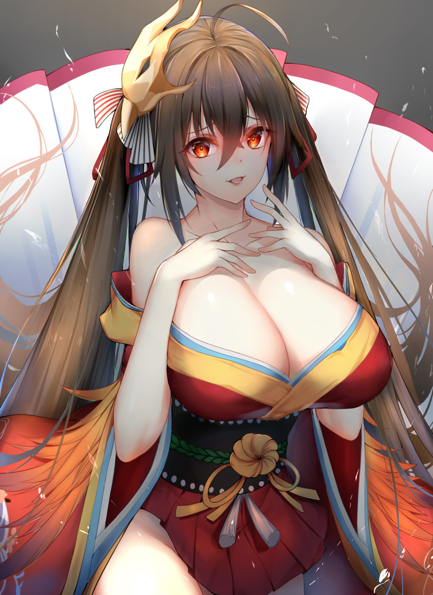 :d absurdres ahoge azur_lane bangs bare_shoulders bird_mask blush breasts brown_hair chixiao cleavage collarbone commentary cowboy_shot detached_sleeves eyebrows_visible_through_hair grey_background groin hair_between_eyes hair_ribbon hands_up highres huge_breasts japanese_clothes kimono long_hair long_sleeves mask mask_on_head obi open_mouth red_eyes red_kimono ribbon sash short_kimono smile solo striped striped_ribbon taihou_(azur_lane) tassel thighs twintails very_long_hair wide_sleeves