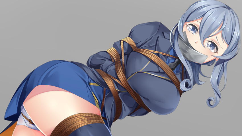 bdsm black_legwear black_neckwear blue_eyes blue_hair blue_skirt blush bondage bound breasts collared_shirt commentary_request eyebrows_visible_through_hair gag gotland_(kantai_collection) grey_background hair_between_eyes kantai_collection large_breasts long_hair long_sleeves looking_at_viewer military military_uniform miniskirt necktie panties remodel_(kantai_collection) restrained shirt simple_background skirt solo thighhighs underwear uniform white_panties yasume_yukito