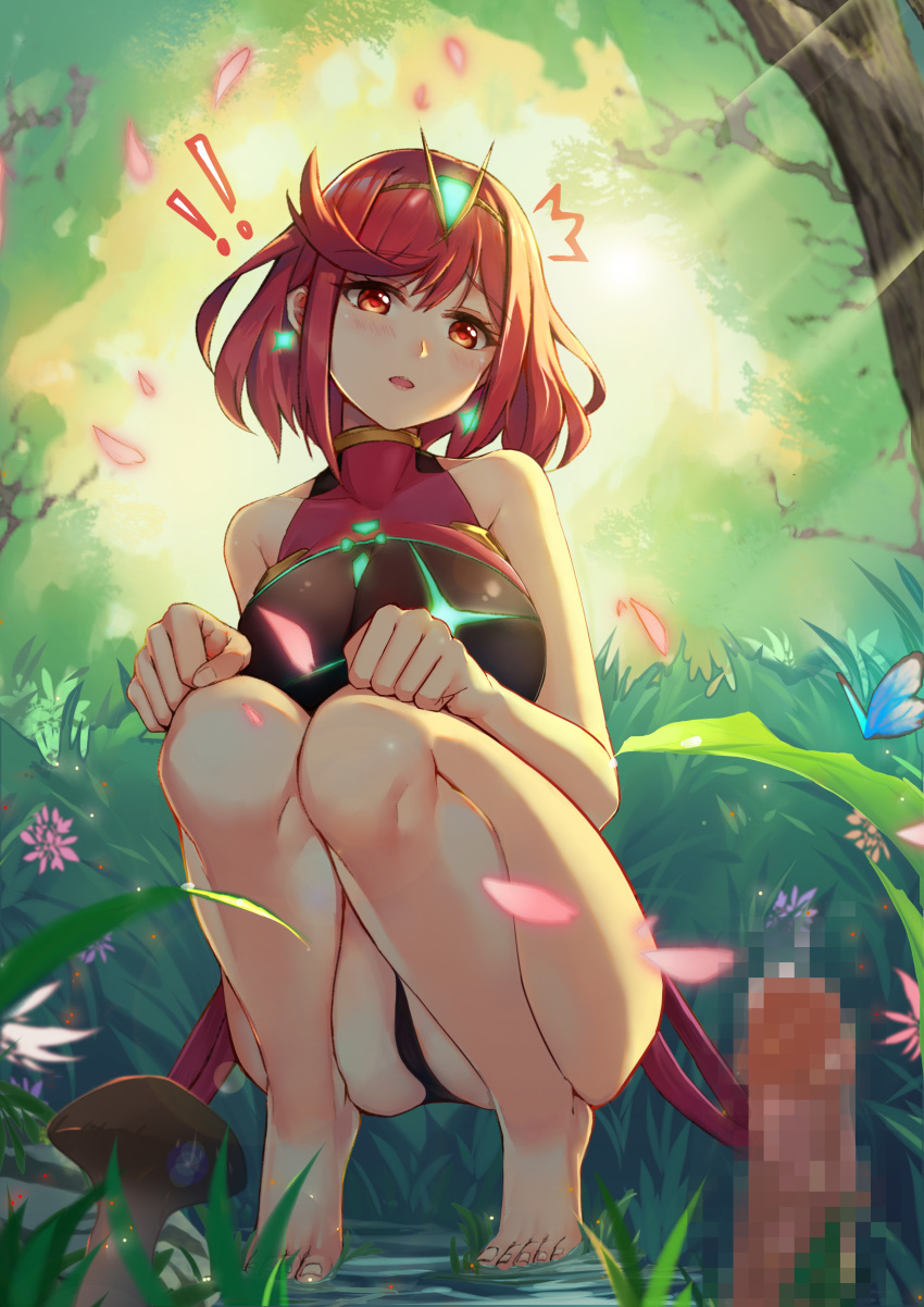 1girl absurdres ass bangs blush breasts bug butterfly censored cleavage commentary_request competition_swimsuit forest grass hentai_kuwa highres homura_(xenoblade_2) insect large_breasts mosaic_censoring mushroom nature one-piece_swimsuit outdoors penis penis_awe red_eyes red_hair room short_hair squatting surprised swept_bangs swimsuit thighs xenoblade_(series) xenoblade_2
