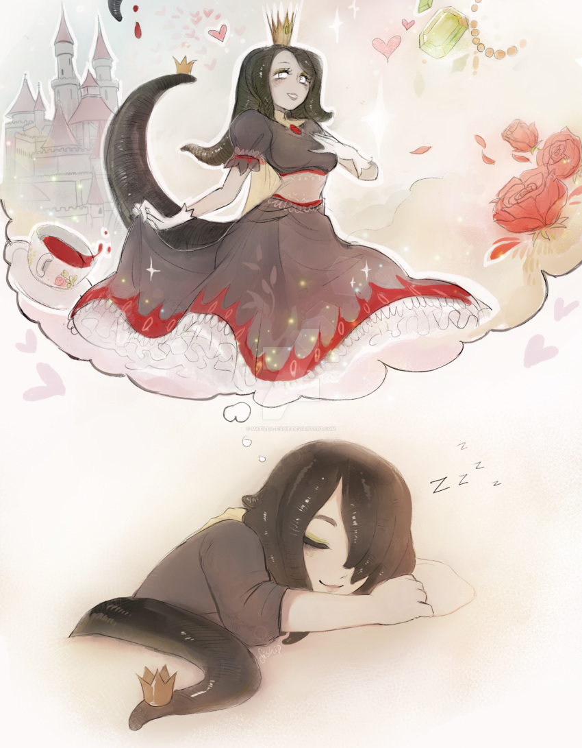 black_dress black_hair blood castle closed_eyes closed_mouth commentary crown cup dreaming dress english_commentary frilled_dress frills gem gloves hair_over_one_eye hand_up heart highres jewelry leech_queen_(matilda_vin) long_dress matilda_vin monster_girl necklace original puffy_short_sleeves puffy_sleeves short_sleeves skirt_hold smile solo tail tentacle_hair thought_bubble white_eyes white_gloves zzz