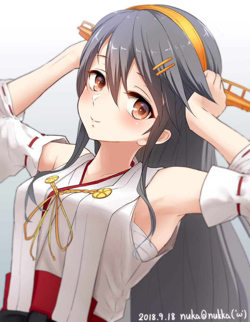 artist_name bare_shoulders blush breasts brown_eyes closed_mouth commentary_request dated detached_sleeves eyebrows_visible_through_hair gradient gradient_background grey_hair hair_between_eyes hair_ornament hairband hairclip haruna_(kantai_collection) headgear highres japanese_clothes kantai_collection long_hair looking_at_viewer medium_breasts nontraditional_miko nuka_(nvkka) remodel_(kantai_collection) ribbon-trimmed_sleeves ribbon_trim smile solo