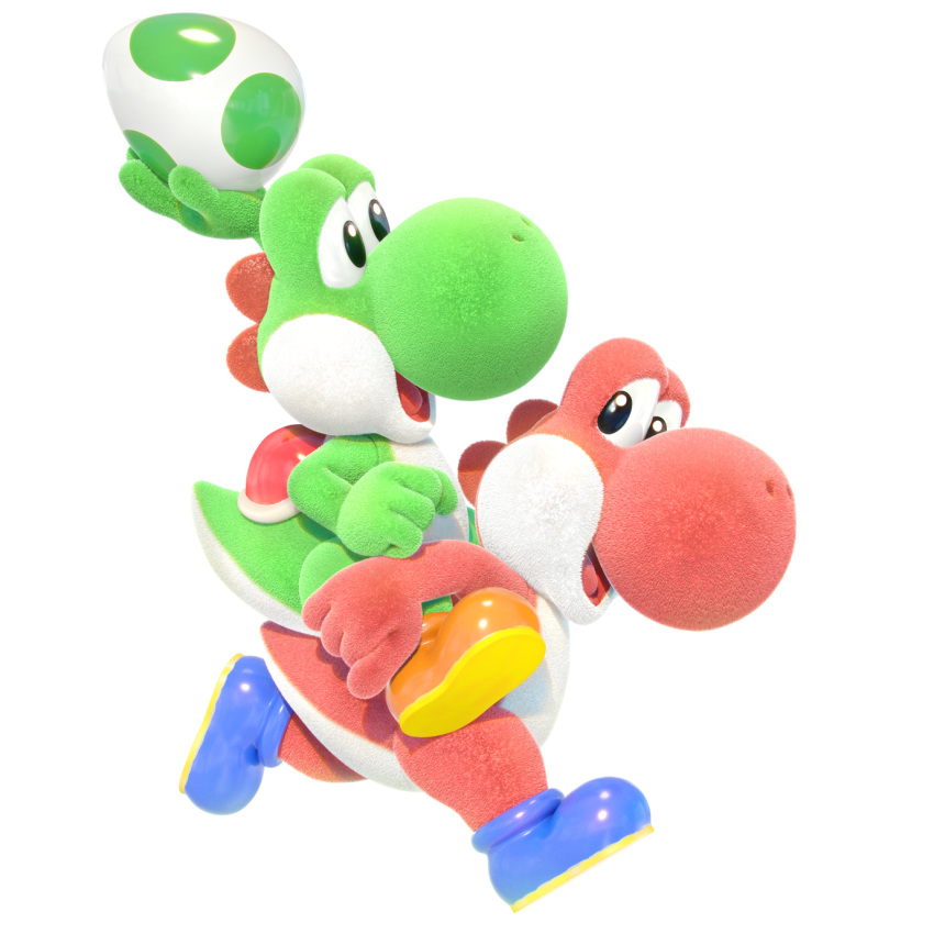 4_fingers ambiguous_gender anthro black_eyes clothing egg footwear green_skin mario_bros nintendo official_art red_skin shoes video_games yoshi yoshi's_crafted_world