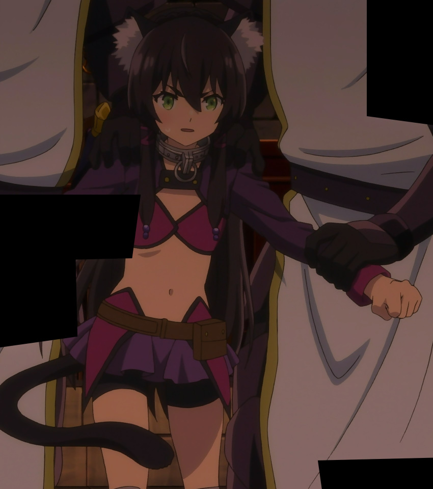 animal_ear_fluff animal_ears bike_shorts black_hair black_skirt cat_ears cat_girl cat_tail collar flat_chest green_eyes height_difference highres isekai_maou_to_shoukan_shoujo_dorei_majutsu long_hair long_sleeves metal_collar microskirt midriff navel o-ring_collar pleated_skirt purple_skirt rem_galeu screencap shorts shorts_under_skirt skirt solo_focus standing stitched stomach tail third-party_edit v-shaped_eyebrows very_long_hair
