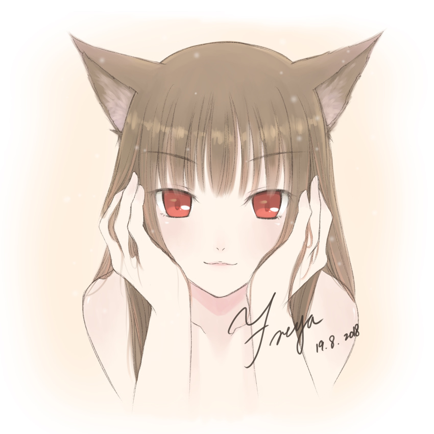 :3 absurdres animal_ears artist_name brown_hair collarbone commentary_request earlgery_choco_(freya) eyebrows_visible_through_hair gradient gradient_background head_rest highres holo long_hair looking_at_viewer nude red_eyes signature solo spice_and_wolf wolf_ears wolf_girl
