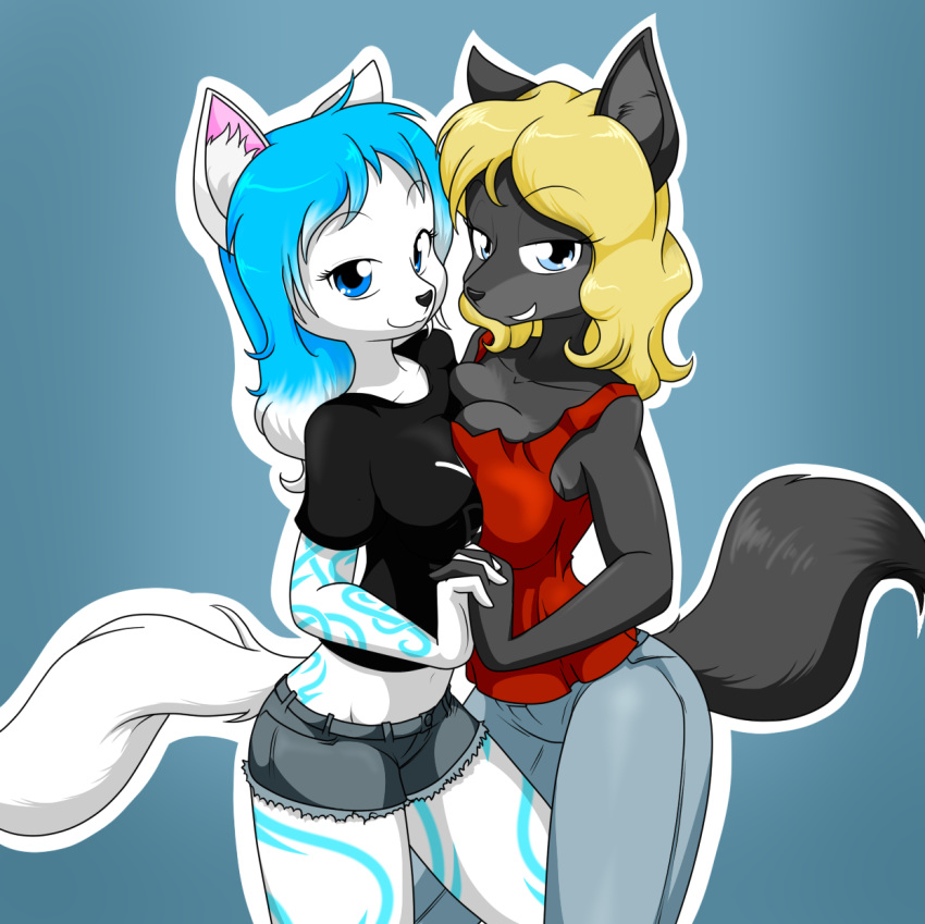 anthro arctic_fox black_fur blonde_hair blue_eyes breast_squish breasts canine clothing duo female fox fur hair hand_holding hi_res inner_ear_fluff interlocked_fingers looking_at_viewer mammal markings midriff multicolored_hair navel pants portrait seductive shirt shorts simple_background smile tattoo theoretical-chaos three-quarter_portrait two_tone_hair white_fur