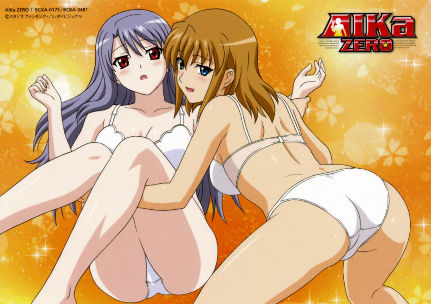 absurdres aika_(series) aika_zero all_fours arm_up ass back bangs bare_arms bare_legs bare_shoulders blue_hair blush bra breasts brown_hair cleavage collarbone copyright_name cropped_legs crotch_seam eyebrows_visible_through_hair floral_background flower glint hand_on_another's_arm hand_on_another's_thigh highres kneepits knees_up leaning_forward legs logo long_hair looking_at_viewer looking_back medium_breasts multiple_girls official_art open_mouth orange_background panties raised_eyebrows red_eyes scan shiratori_miyu short_hair shoulder_blades sumeragi_aika thighs underwear underwear_only white_bra white_panties yamauchi_noriyasu yuri