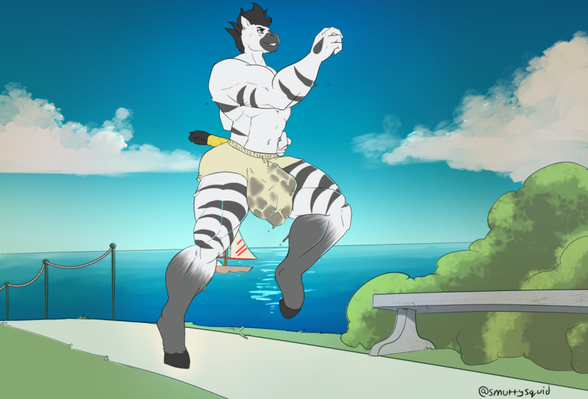 anthro big_bulge bulge clothed clothing equine jroy101 male mammal muscular muscular_male outside penis_outline smile solo sweat swimming_trunks swimsuit thick_thighs topless wet_clothing zebra