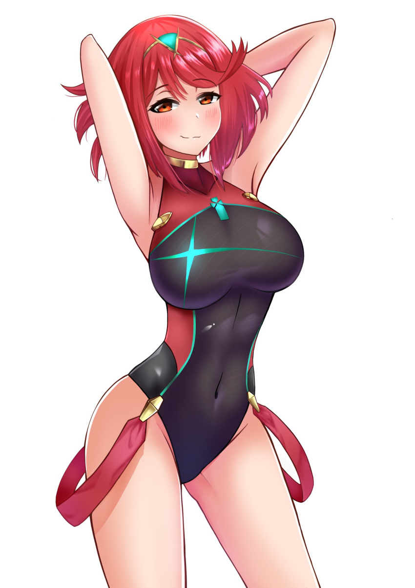 armpits blush breasts covered_navel headpiece highres homura_(xenoblade_2) jewelry large_breasts one-piece_swimsuit red_eyes red_hair sidelocks smug solo swimsuit the_only_shoe tiara xenoblade_(series) xenoblade_2