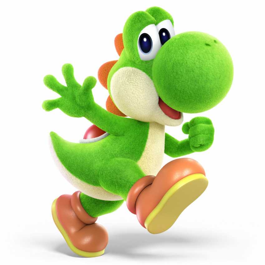 artist_request brown_footwear clenched_hand dinosaur fine_fabric_emphasis full_body green_skin highres looking_at_viewer mario_(series) no_humans official_art open_mouth outstretched_arm running shoes simple_background smile solo spikes super_mario_bros. super_smash_bros. super_smash_bros._ultimate tail waving white_background yoshi