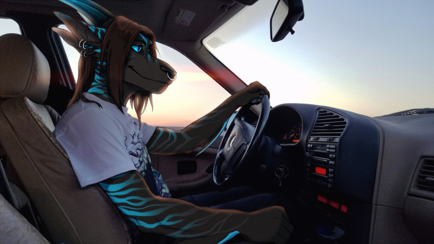 anthro car clothed clothing dragon edit facial_piercing fish hair horn hybrid male marine mixed_media nose_piercing photo_manipulation piercing septum_piercing shark sitting smile solo twistedhound vehicle