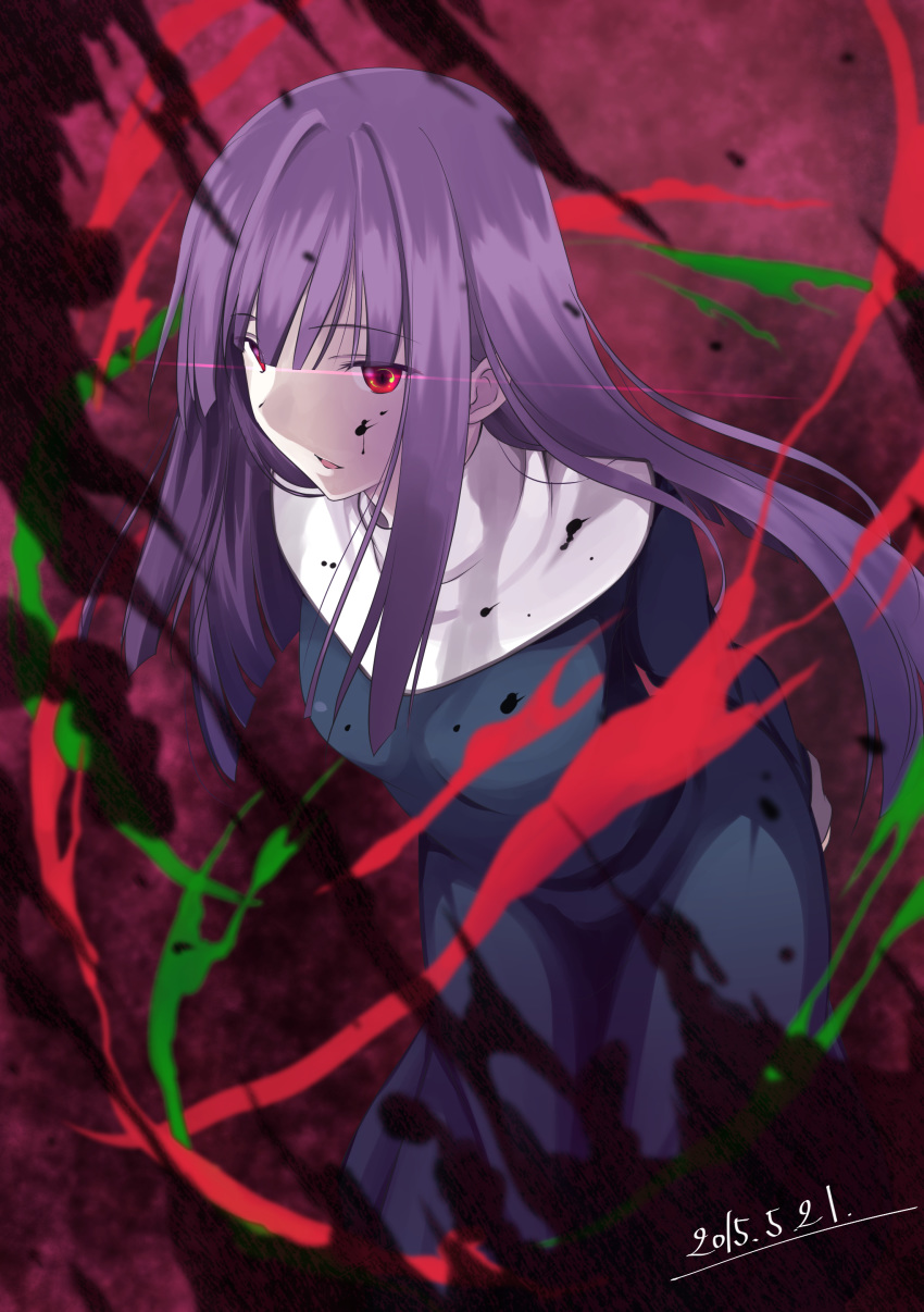 absurdres asagami_fujino bangs blue_dress breasts colorful commentary_request dress eyebrows_visible_through_hair highres kara_no_kyoukai long_hair long_sleeves medium_breasts mu-_(tel445566) multicolored multicolored_background open_mouth purple_hair red_eyes school_uniform solo standing type-moon